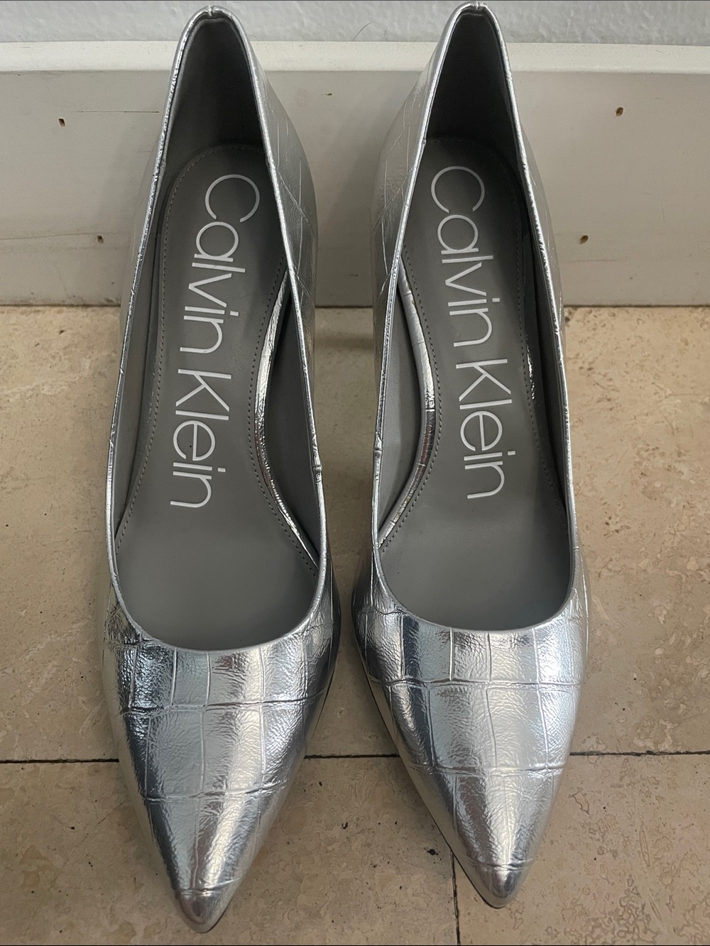 Calvin Klein Metallic Silver Croc-Embossed Pointed Toe Pumps